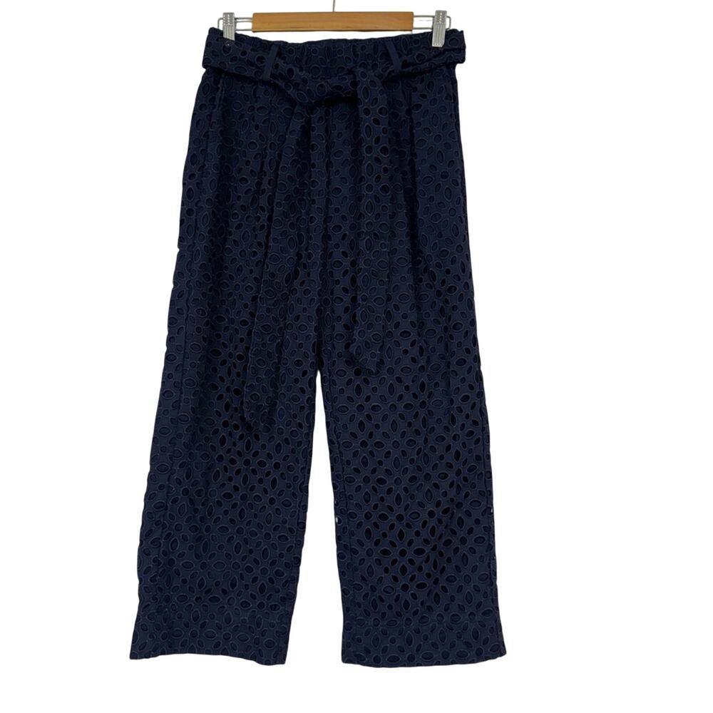 J Crew Blue Eyelet Wide Leg Trouser Dress Pants Womens 4 Tie Waist Cropped Boho